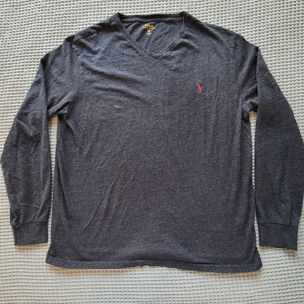 Polo Ralph Lauren T-Shirt Mens XL Gray V-Neck Long‎ Sleeve Cotton Pony Logo